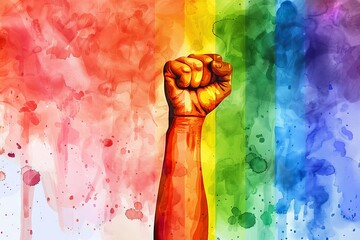 A fist with a rainbow background.