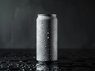 A can of soda with water droplets on it.