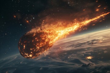 A large meteorite hurtling through space directly towards our planet, Earth. Concept of the end of the world, an inevitable collision