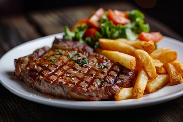 Grilled steak with fries and salad on a plate