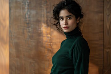 Pensive young woman in green sweater