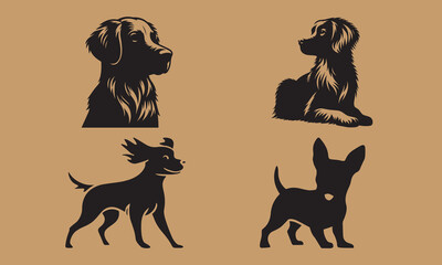 vector, isolated black silhouette of a cute dog, collection icon set