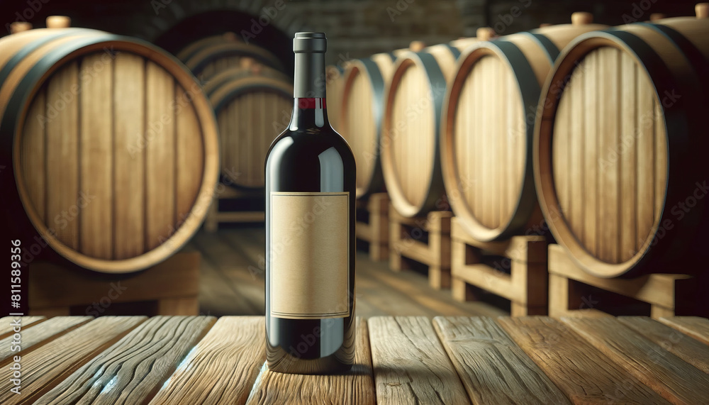 Aufkleber a wine bottle with a blank label on a wooden table, barrels in the background, for product branding 