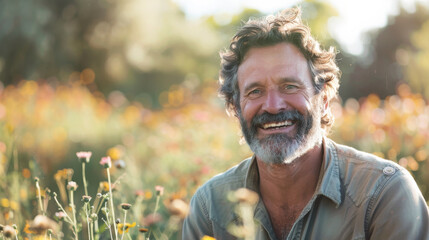 Happy mature man portrait in middle of beautiful nature field with copy space - Powered by Adobe