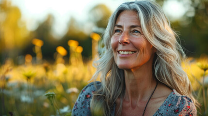 Happy mature woman portrait in middle of beautiful nature field with copy space - Powered by Adobe