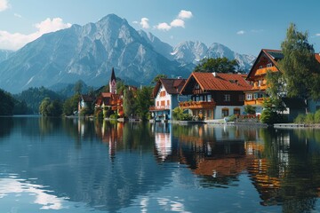 Fototapeta na wymiar Austrian houses near a lake and mountains. European elegance, tidiness, and beauty. 