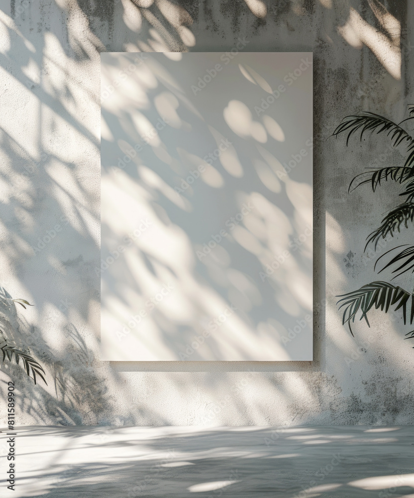 Poster a blank poster on a wall with shadow patterns and plants, modern style, white background, concept of
