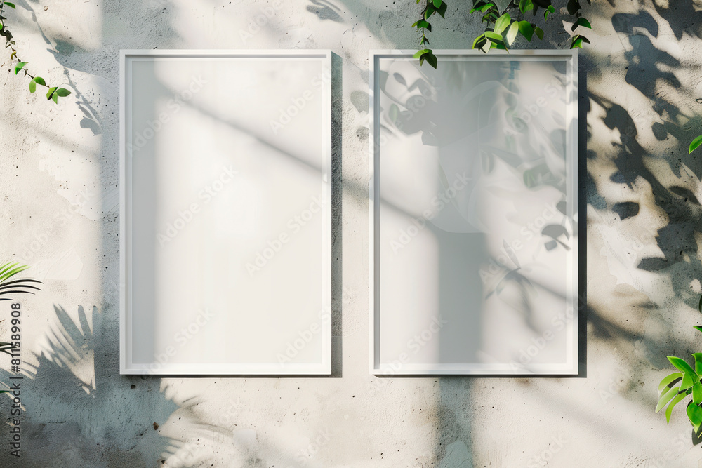 Poster two empty frames on a concrete wall with plant shadows, modern mockup. generative ai