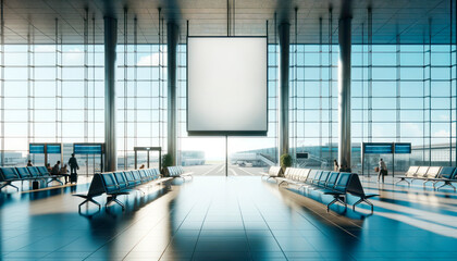 An airport departure lounge with a blank advertising billboard, modern design, and a glass wall background. Generative AI