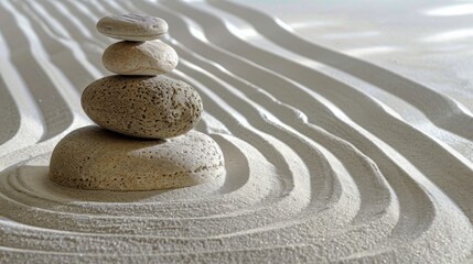 Stacked stones on sand with ripple patterns