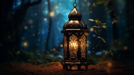 Obraz premium A majestic Islamic Ramadan celebration lantern glowing in a mystical forest at night