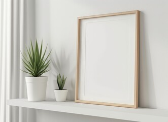 blank wooden picture frame sitting on a white shelf - mockup template