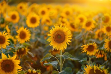 Vibrant sunflower field in warm sunset light