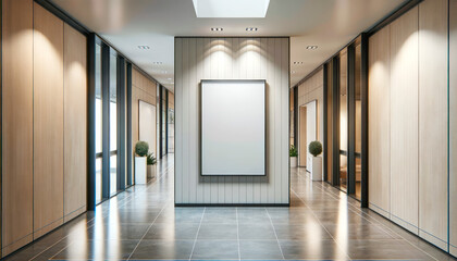 A blank poster frame in a bright hallway with modern design and reflective tiled flooring, signaling corporate branding. Generative AI