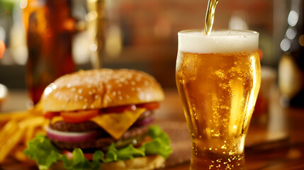 Beer is poured into a glass on hamburger and french fries  background on a wooden table 
