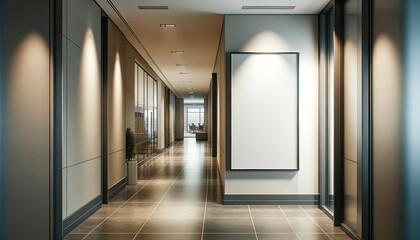 A hallway with an empty poster on the wall, lit by overhead lights, modern corporate atmosphere. Generative AI