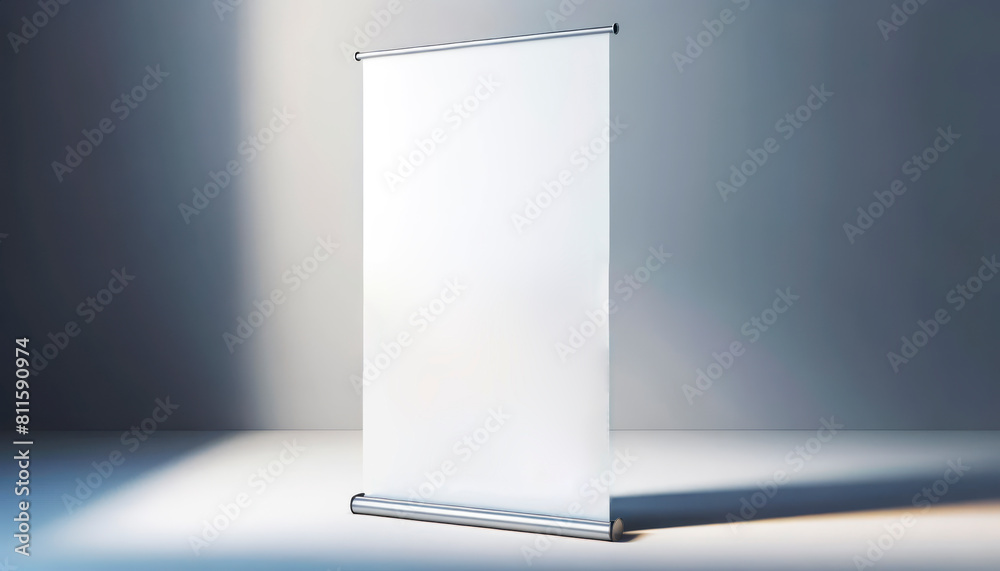 Poster An empty roll-up banner display on a studio background, ideal for advertising or branding mockup. Generative AI