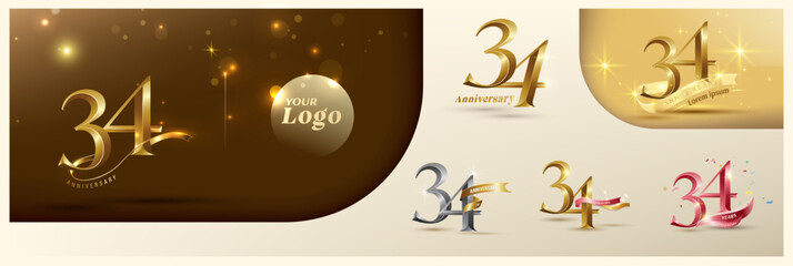 34th anniversary logotype modern gold number with shiny ribbon. alternative logo number Golden anniversary celebration