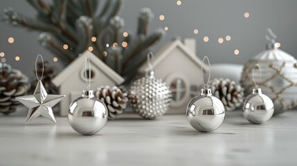 set of silver hanging decorations, including stars and houses, vector illustration, white background, simple shapes, 3d render, no shadows