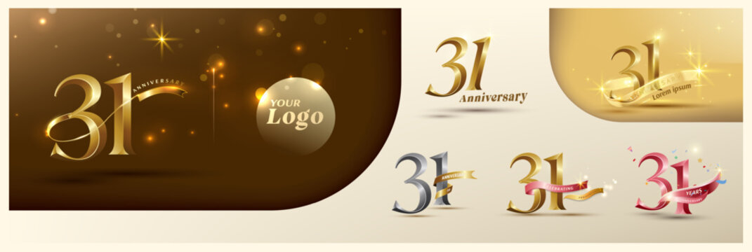 31st anniversary logotype modern gold number with shiny ribbon. alternative logo number Golden anniversary celebration