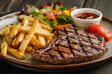 Grilled steak with french fries and fresh salad