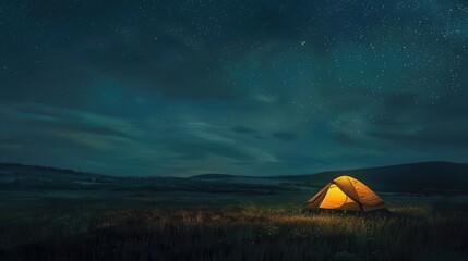 Tent is lit up on the field with a beautiful night sky and stars above
