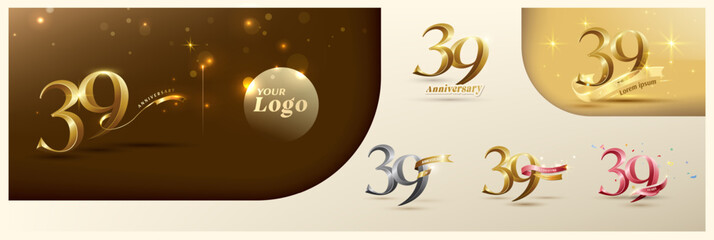 39th anniversary logotype modern gold number with shiny ribbon. alternative logo number Golden anniversary celebration
