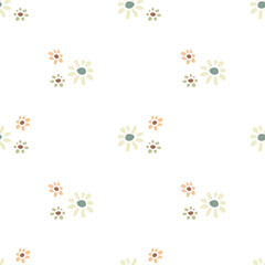Ditsy seamless pattern with pretty flowers on white background. Retro floral repeat pattern.