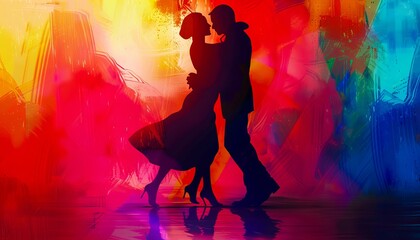 A couple dancing in front of a colorful background.