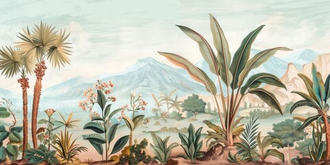 wallpaper landscape with desert and cactus, old drawing vintage