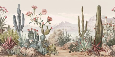 Obraz premium wallpaper landscape with desert and cactus, old drawing vintage