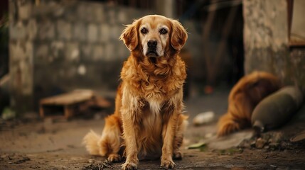 Golden Retriever dog sitting on the ground with a sad expression