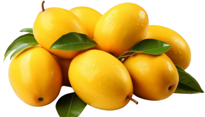 A pile of fresh lemons with green leaves isolated on a transparent background.