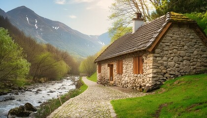 Enchanted Haven: A Cozy Stone Cottage Amidst Spring's Embrace river, landscape, nature, water, mountain, sky, forest, stream