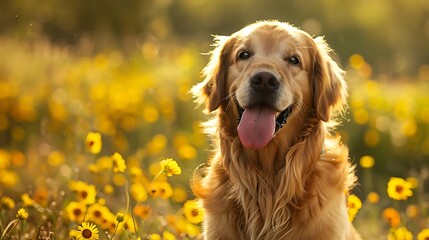 golden retriever dog sitting in a sunlit field of yellow flower