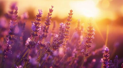 Blooming lavender flowers at sunset in Provence, France. Macro image
