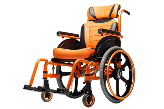 Image description: A lightweight, bright orange wheelchair with a comfortable-looking seat and back support. It has large wheels and a sleek design, making it easy to maneuver.