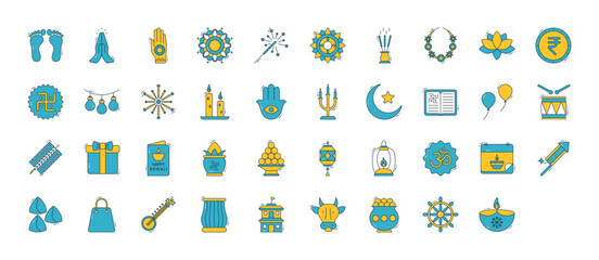 Diwali icons set. such as Foot Print, Prayer, Henna Painted Hand, Rangoli, Sparkler, Mandala, Garland, Incense Sticks, Lotus, Indian Rupee, Swastika, Light Bulbs and Fireworks vector illustration.