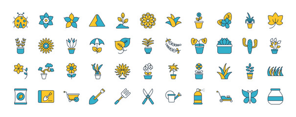 House Plant icons set. such as Gardenia, Ladybug, Sprout, Chrysanthemum, Aloe Vera, African Violet, Chinese Evergreen, English Ivy, Parlor Palm, Gerbera Daisy and Weeping Fig vector illustration.