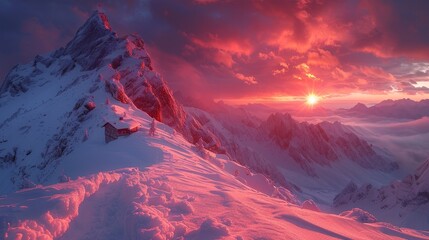 A beautiful mountain landscape with a pink and orange sunset in the background