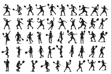 Badminton player silhouettes collection.Sportsman playing badminton. and tennis 