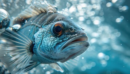 Obraz premium Experiment with underwater photography techniques to capture the deep-sea fish in its natural environment, surrounded by swirling currents and bubbles.