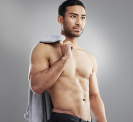 Asian man, muscle and exercise fitness or thinking in studio on grey background, confidence or...