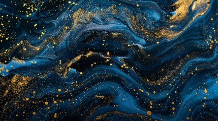 Blue and black acrylic paints with golden glitter. Liquid paint abstract background.