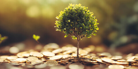 A tree grow in middle of gold coin or money, concept on financial compounding investment, opportunity of gold investing 