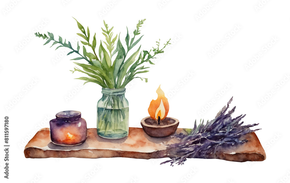 Wall mural watercolor illustration of esoteric and mystical ritual altar isolated on transparent background. es