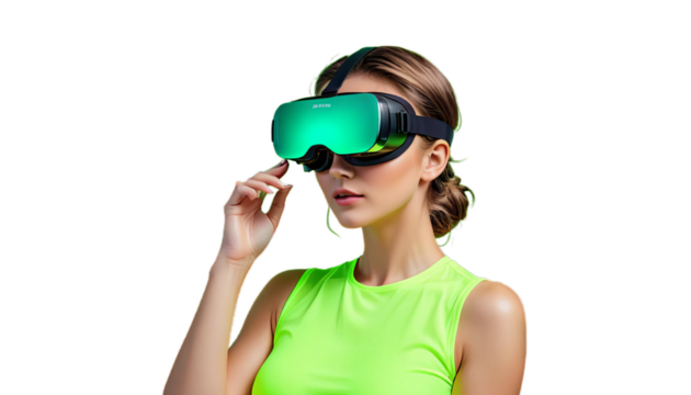 wearing background female illustration quality green banner neon adset goggles high watching copy vr video aring woman generativesimulation cyberspace young vision equipment future fun concept dark - Powered by Adobe