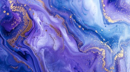 Blue and purple acrylic paints with golden glitter. Liquid paint abstract background.