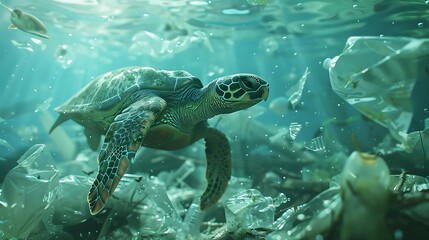 Obraz premium Endangered Species Day. Sea turtles have difficulty swimming due to marine pollution with plastic waste