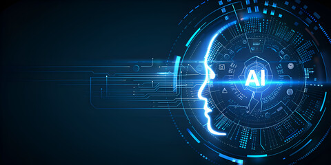 Obraz premium A blue and white image of a face with the word AI written in blue. The image has a futuristic and technological feel to it. Generative AI